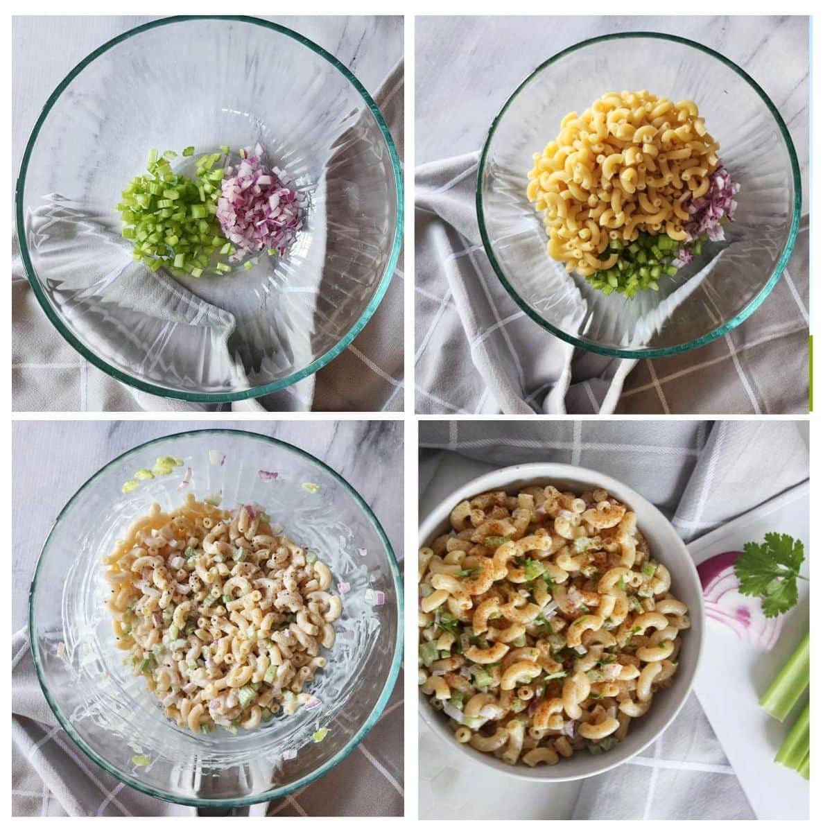 a collage of pictures showing steps needed to make 4 ingredient mac salad