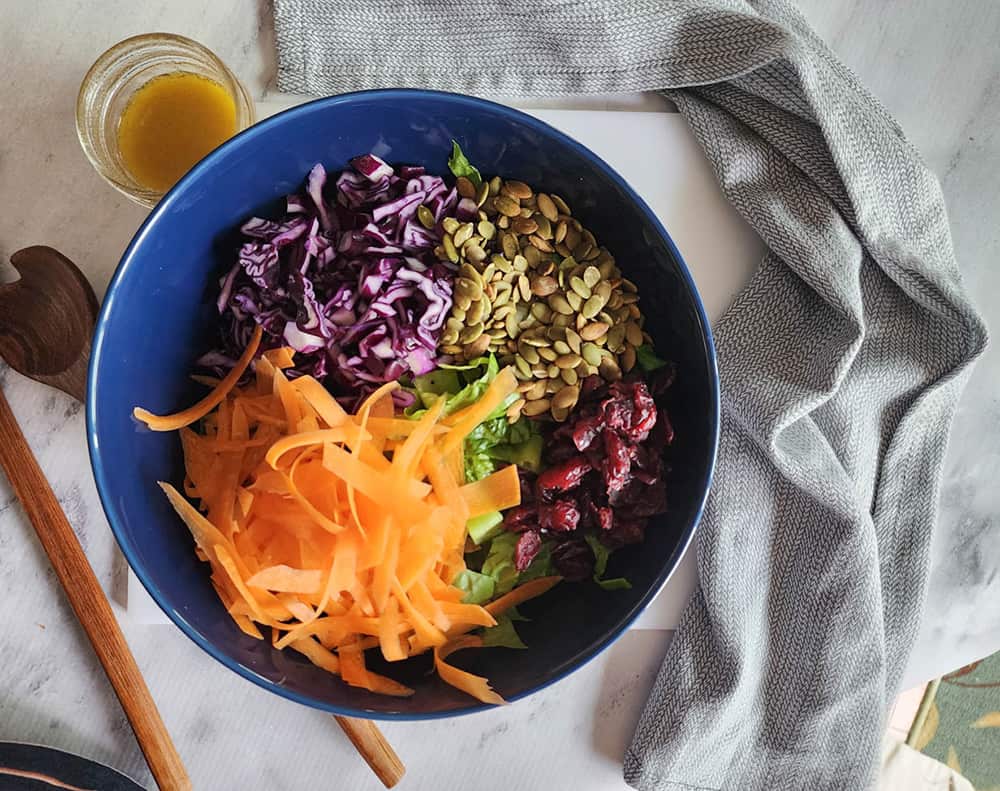 A picture of the salad ingredients in a bowl