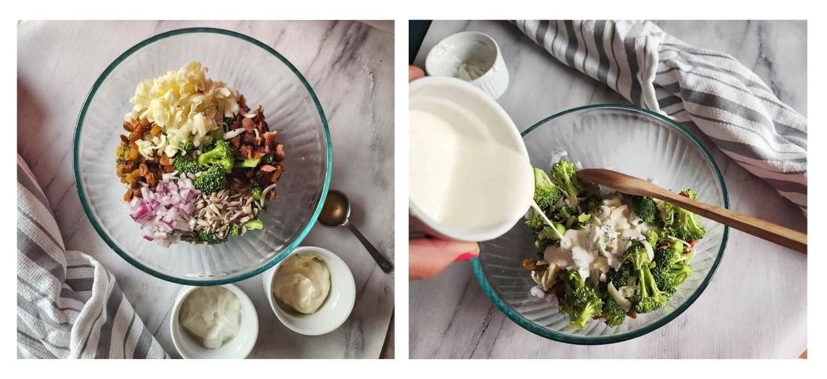 a photo of process steps needed to make costco broccoli salad