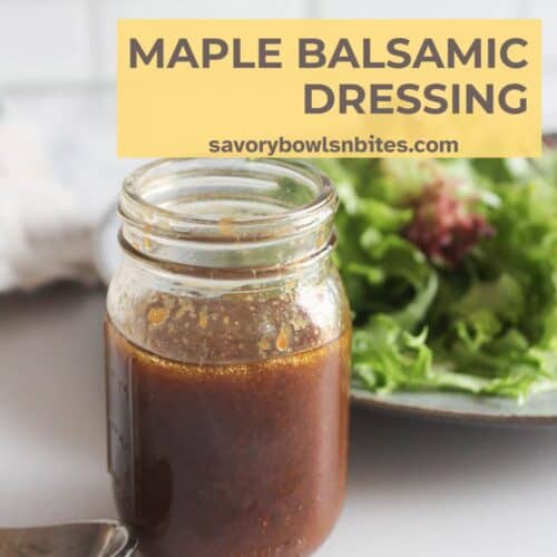 a picture of maple balsamic dressing with salad in the background