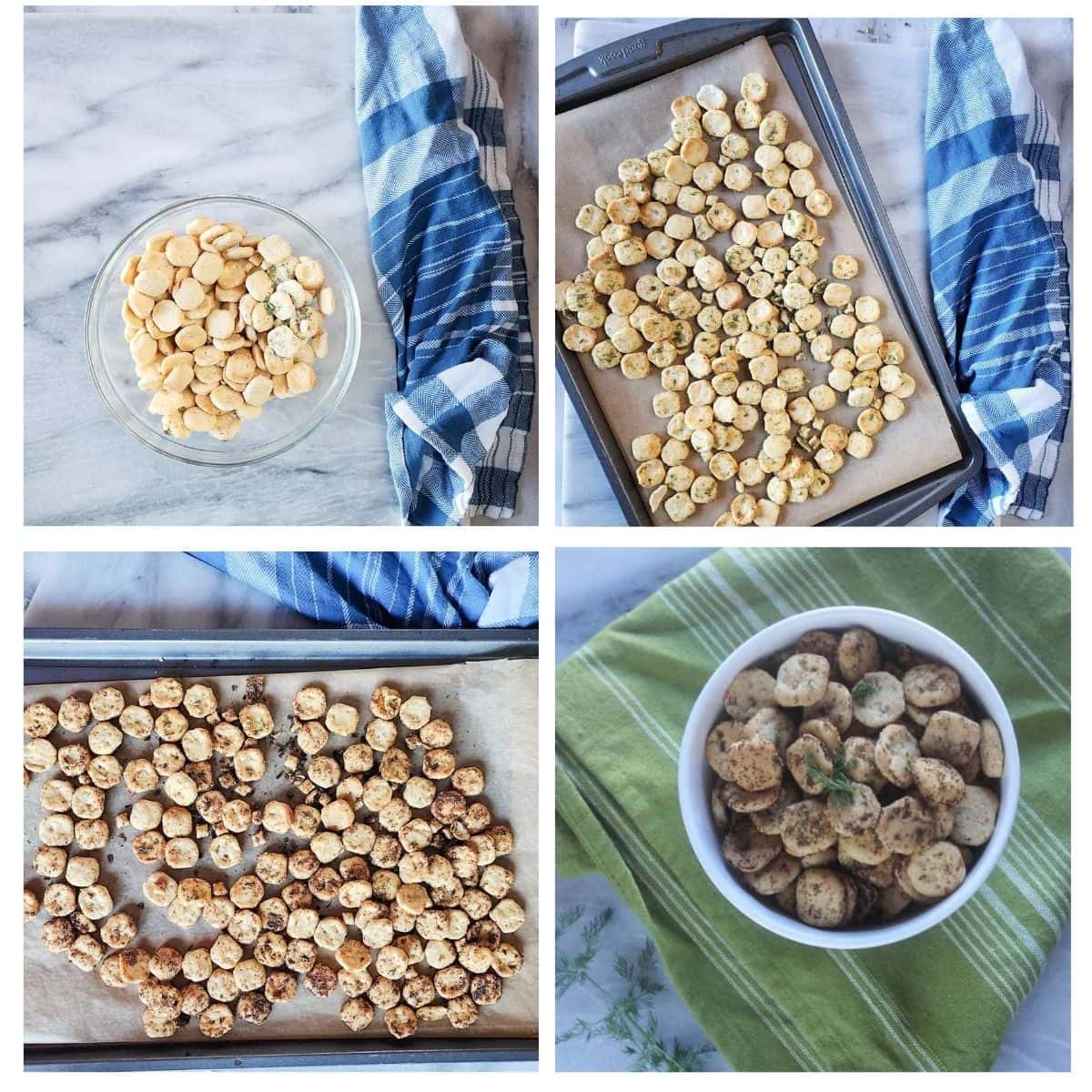 a collage of the steps needed to make ranch seasoned oyster crackers