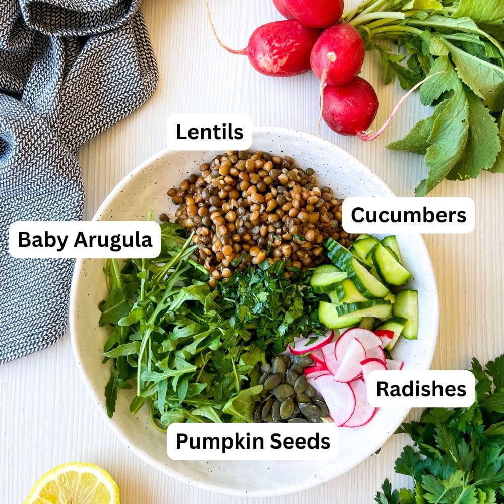 an overhead shot of ingredients needed for lentil salad
