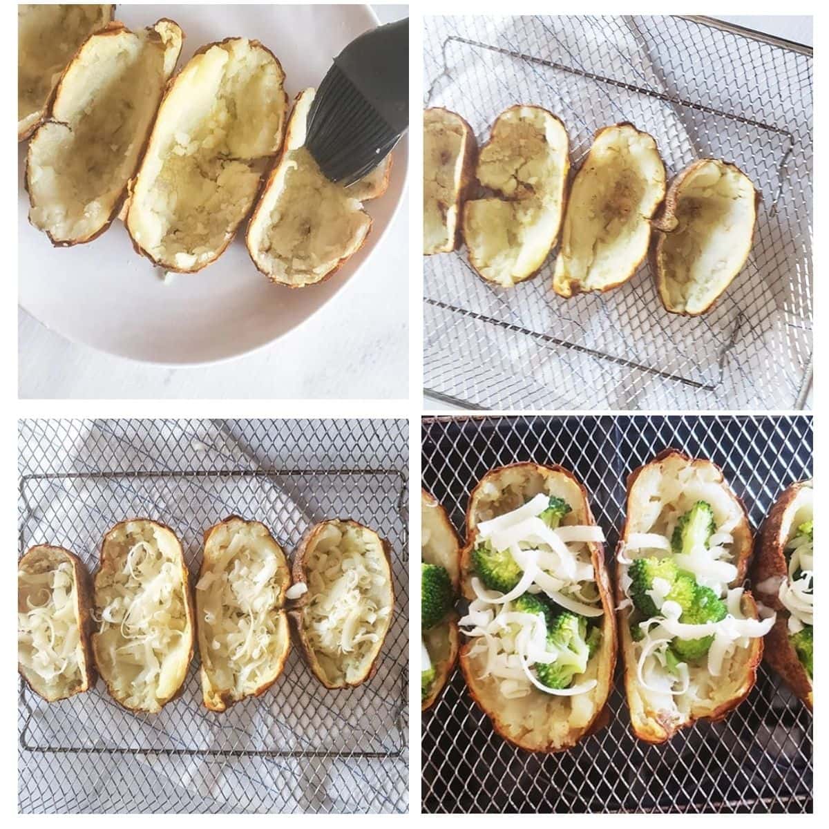 a collage of 4 process steps for making potato skins